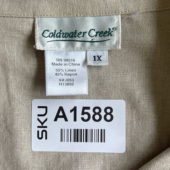 Coldwater Creek Top Women Size 1X Beige Pocket Collared Linen Rayon Camp - Picture 2 of 10